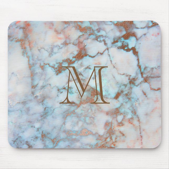 Monogrammed Blue And Grey Marble Stone Mouse Mat (Front)