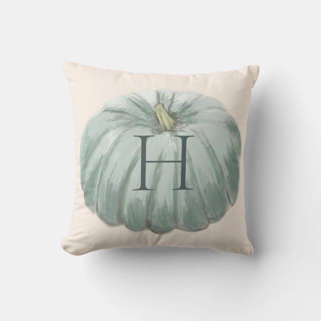 Monogrammed Blue and Ivory Fall Pumpkin Cushion (Front)