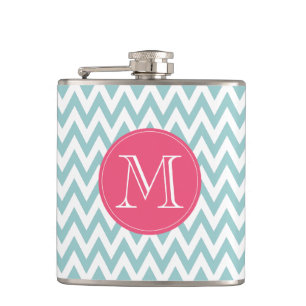 Monogrammed Blue and Pink Chevron Flask
