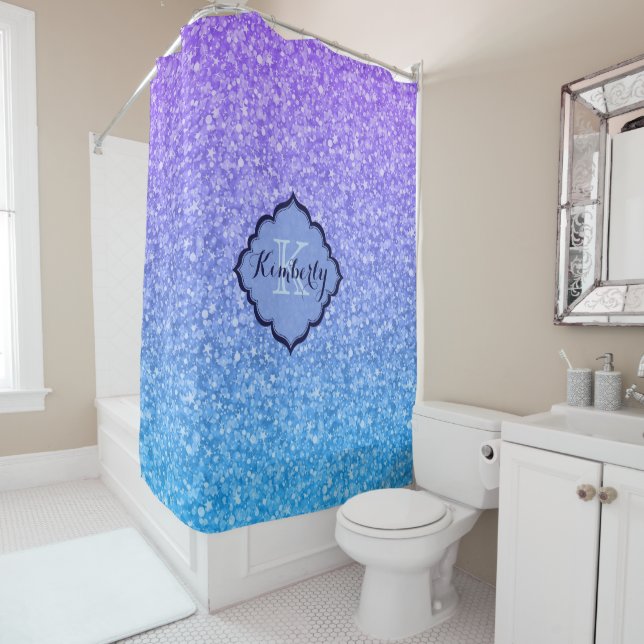 Monogrammed Blue And Purple Glitter Shower Curtain (In Situ)