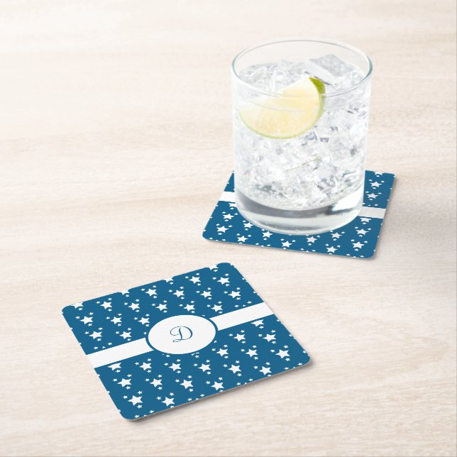 Monogrammed Blue and White Stars Patriotic  Square Paper Coaster (Insitu)