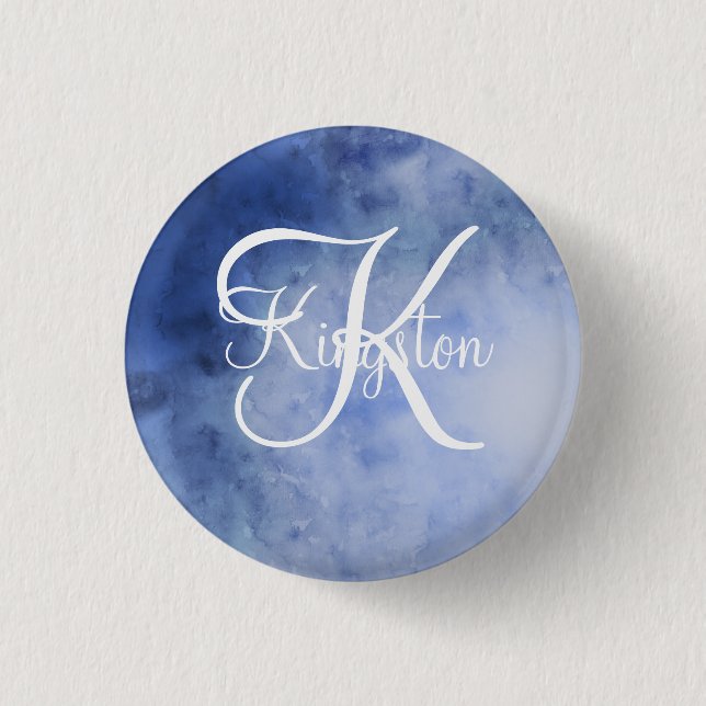 Monogrammed Blue and White Watercolor 3 Cm Round Badge (Front)