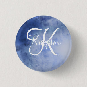 Monogrammed Blue and White Watercolor 3 Cm Round Badge