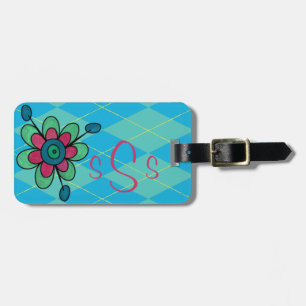 Monogrammed Blue & Aqua Argyle & Flower Luggage Tag