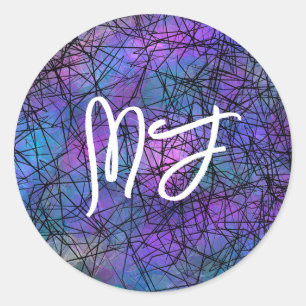 Monogrammed Blue , Black and Purple Digital Art   Classic Round Sticker