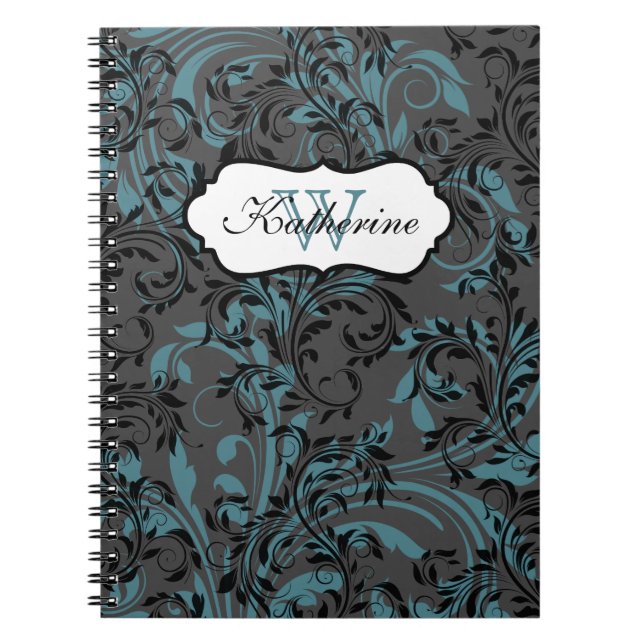 Monogrammed Blue Black Grey Scrolls Notebook (Front)