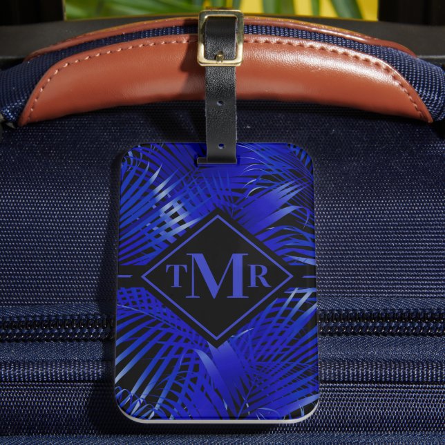 Monogrammed Blue Black Palm Luggage Tag (Front Insitu 2)