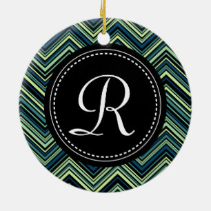 Monogrammed Blue Black Tribal Chevron Pattern Ceramic Tree Decoration