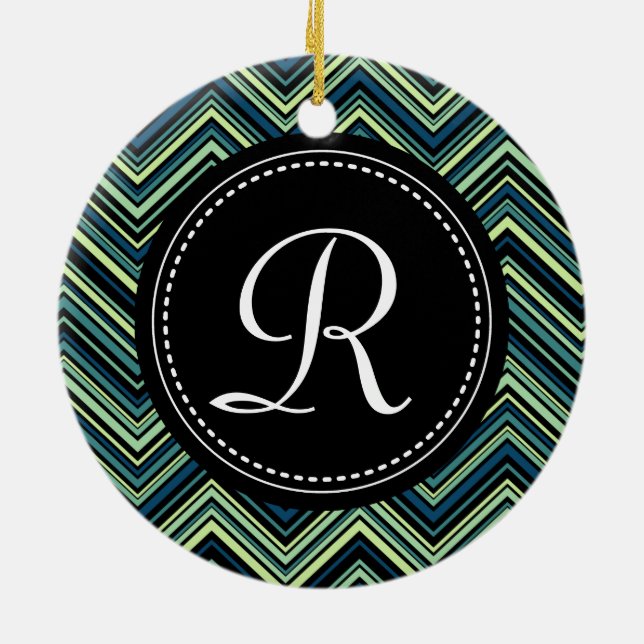 Monogrammed Blue Black Tribal Chevron Pattern Ceramic Tree Decoration (Back)