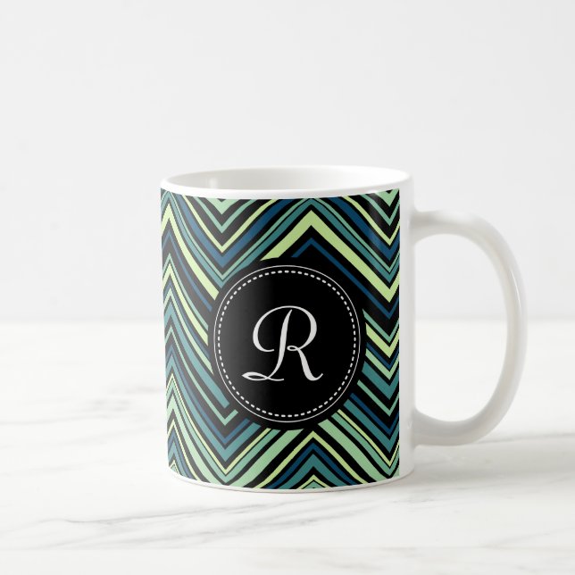 Monogrammed Blue Black Tribal Chevron Pattern Coffee Mug (Right)