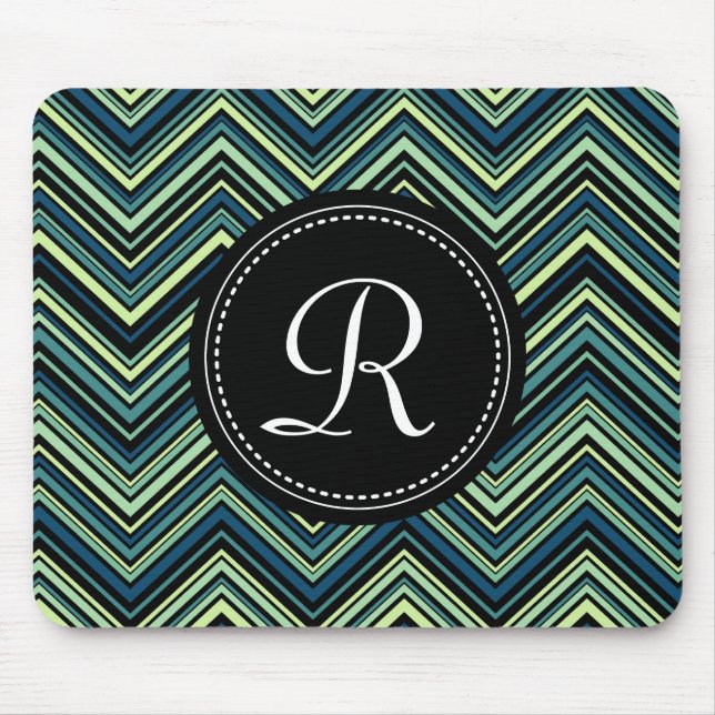 Monogrammed Blue Black Tribal Chevron Pattern Mouse Mat (Front)