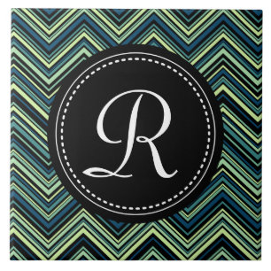 Monogrammed Blue Black Tribal Chevron Pattern Tile