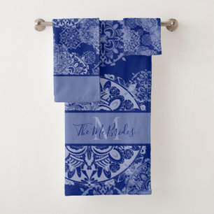 Monogrammed Blue Boho Moody Mandalas Bath Towel Set
