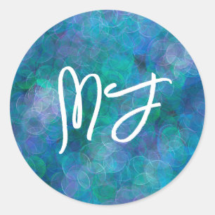Monogrammed Blue Bokeh Abstract Digital Art  Classic Round Sticker