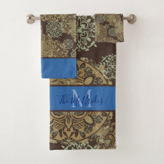 Monogrammed Blue & Brown Boho Moody Mandalas Bath Towel Set