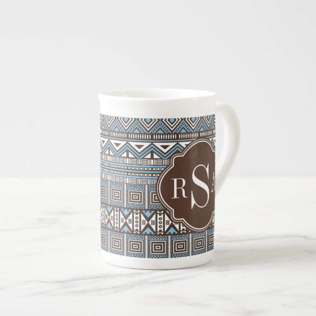 Monogrammed Blue Brown Tribal Pattern Bone China Mug (Front Right)