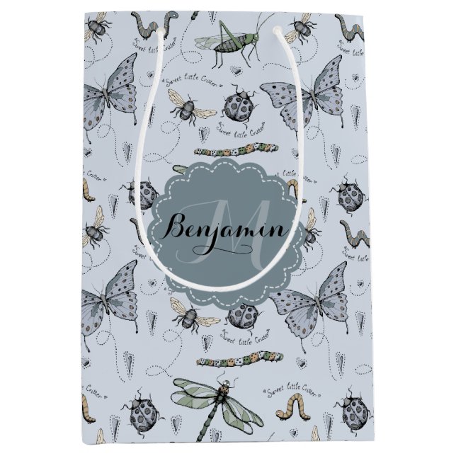 Monogrammed Blue Bugs and Insects Boy Shower Medium Gift Bag (Front)