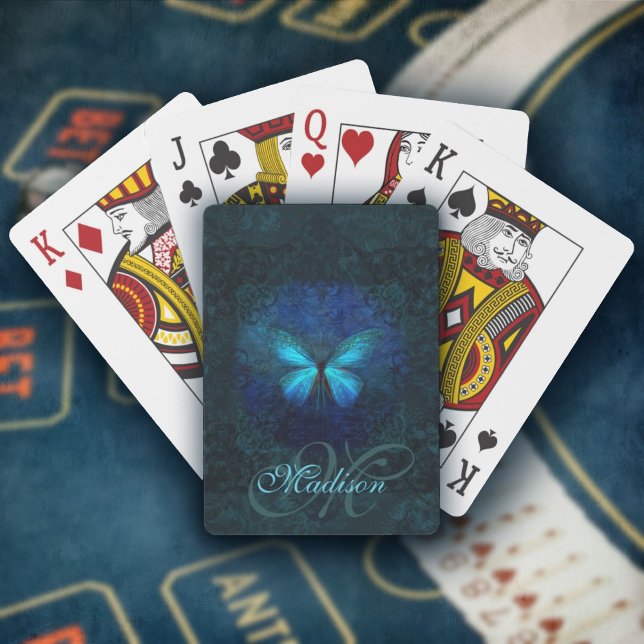 Monogrammed Blue Butterfly Playing Cards (Monogrammed Blue Butterfly Playing Cards, initialen spielkarten, mariposas, papillon jeux de cartes)