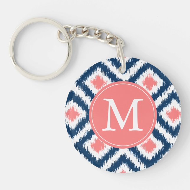 Monogrammed Blue Coral Diamond Ikat Pattern Key Ring (Front)