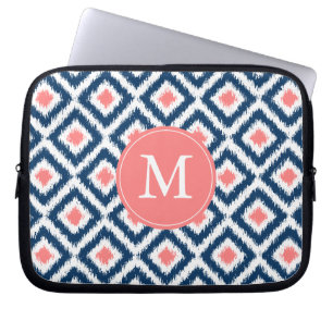 Monogrammed Blue Coral Diamond Ikat Pattern Laptop Sleeve