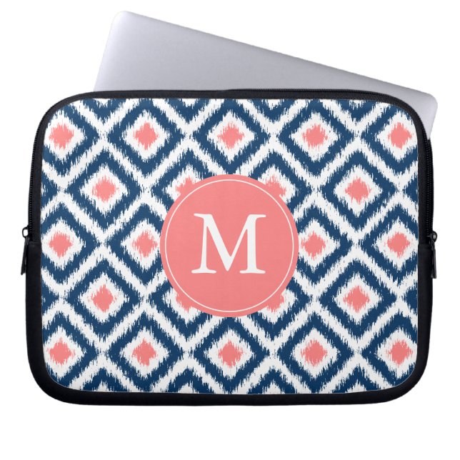 Monogrammed Blue Coral Diamond Ikat Pattern Laptop Sleeve (Front)