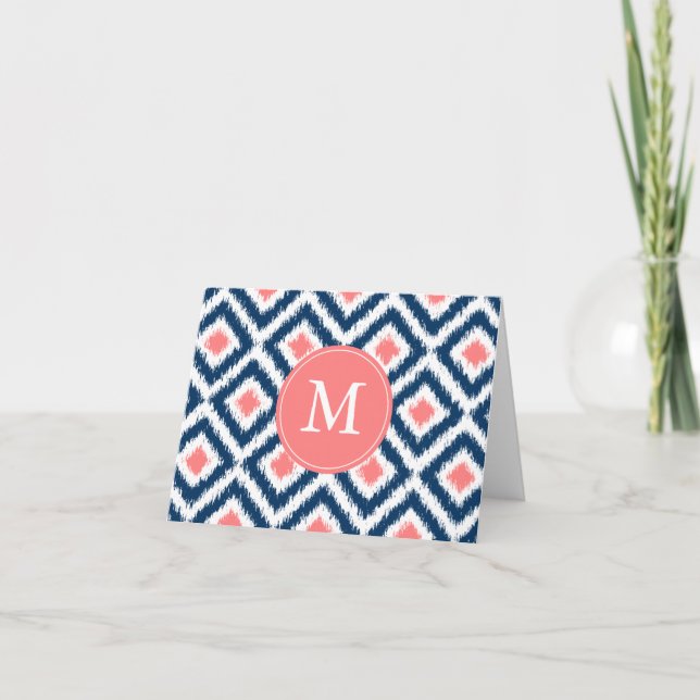 Monogrammed Blue Coral Diamonds Ikat Pattern Note Card (Front)