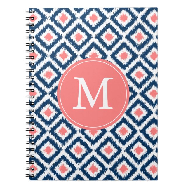 Monogrammed Blue Coral Diamonds Ikat Pattern Notebook (Front)