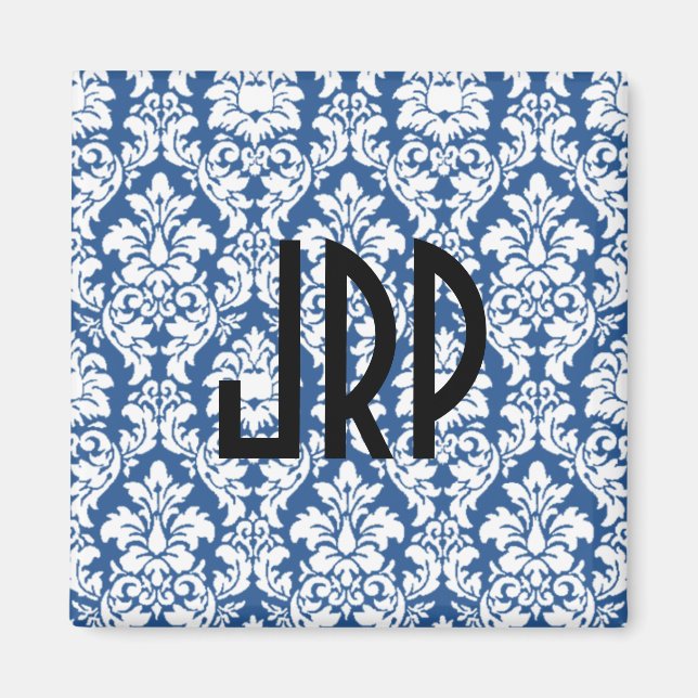 Monogrammed Blue Damask Magnet (Front)