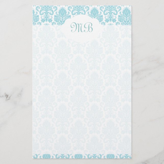 Monogrammed blue Damask Stationery (Front)