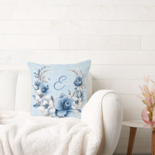 Monogrammed Blue Floral Wreath  Cushion