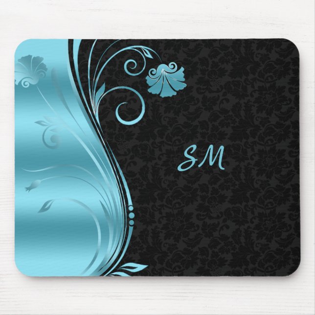 Monogrammed Blue Flowers Mouse Mat (Front)