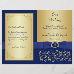 Monogrammed Blue, Gold Floral Wedding Program