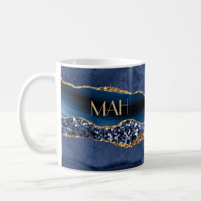Monogrammed Blue Gold Glitter Agate Marble Trendy  Coffee Mug (Left)