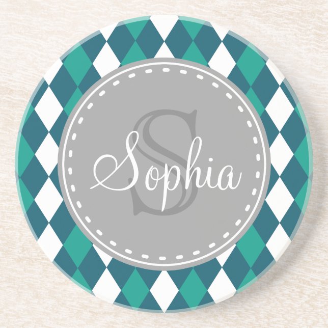 Monogrammed Blue Green Diamdons Pattern Coaster (Front)