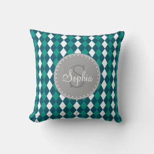 Monogrammed Blue Green Diamdons Pattern Cushion
