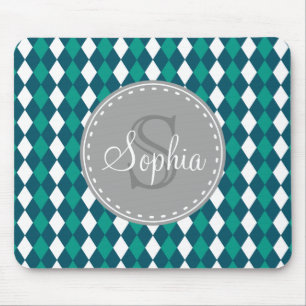 Monogrammed Blue Green Diamdons Pattern Mouse Mat