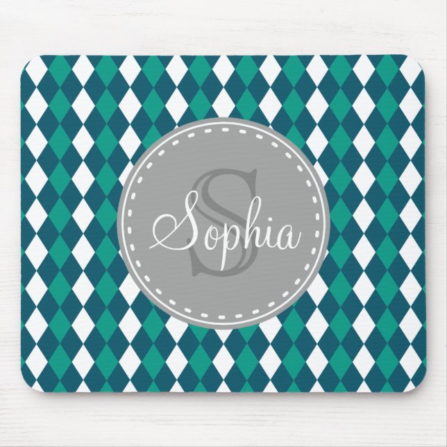 Monogrammed Blue Green Diamdons Pattern Mouse Mat (Front)
