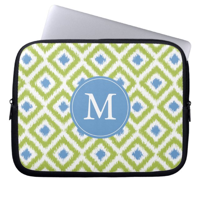 Monogrammed Blue Green Diamond Ikat Pattern Laptop Sleeve (Front)