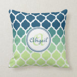 Monogrammed Blue Green Moroccan Lattice Pattern Cushion<br><div class="desc">Cute,  trendy,  girly modern Moroccan lattice trellis pattern in shades of blue,  teal and mint green,  with a white border. A cool,  geometric graphic pattern for women that love stylish patterned gifts. This design features a customisable nameplate for you to personalise your name and monogram.</div>