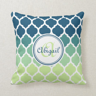 Monogrammed Blue Green Moroccan Lattice Pattern Cushion
