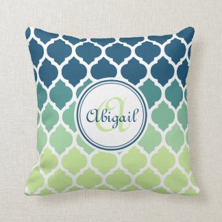 Monogrammed Blue Green Moroccan Lattice Pattern Cushion
