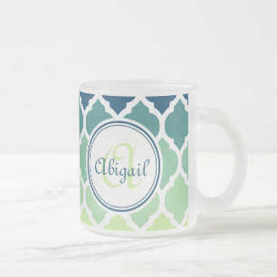 Monogrammed Blue Green Moroccan Lattice Pattern Frosted Glass Coffee Mug