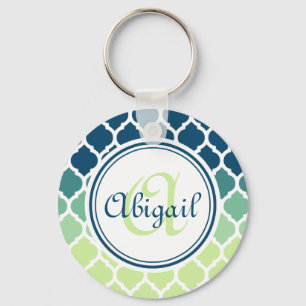 Monogrammed Blue Green Moroccan Lattice Pattern Key Ring