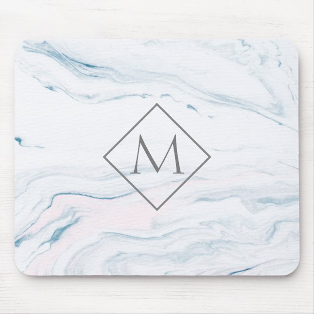 Monogrammed Blue Grey And Pink Marble Mouse Mat (Front)