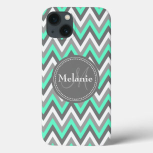 Monogrammed Blue & Grey Chevron iPhone 13 Case