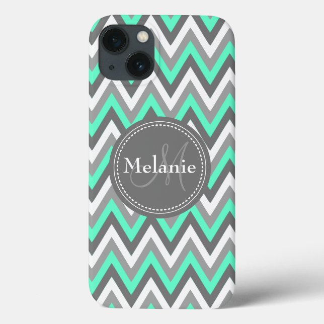 Monogrammed Blue & Grey Chevron iPhone 13 Case (Back)