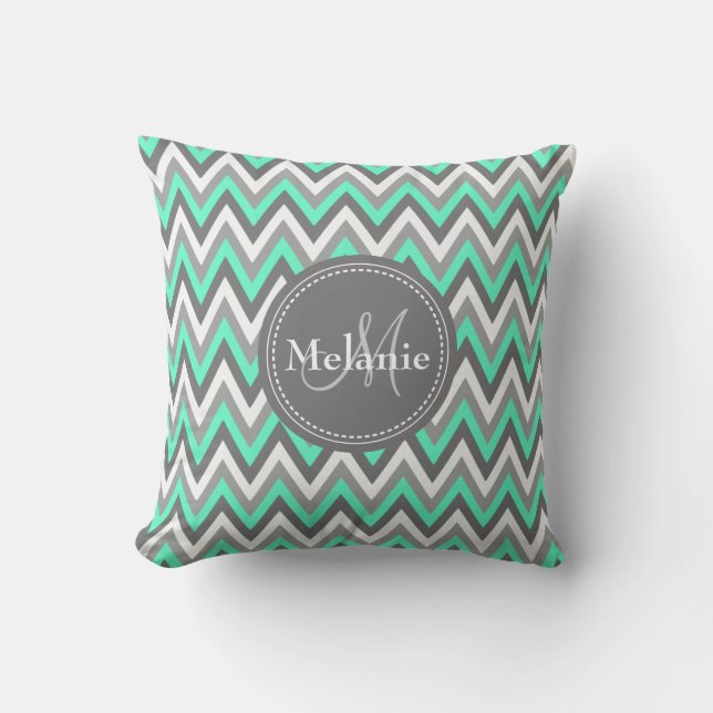 Monogrammed Blue & Grey Chevron Pattern Cushion (Front)
