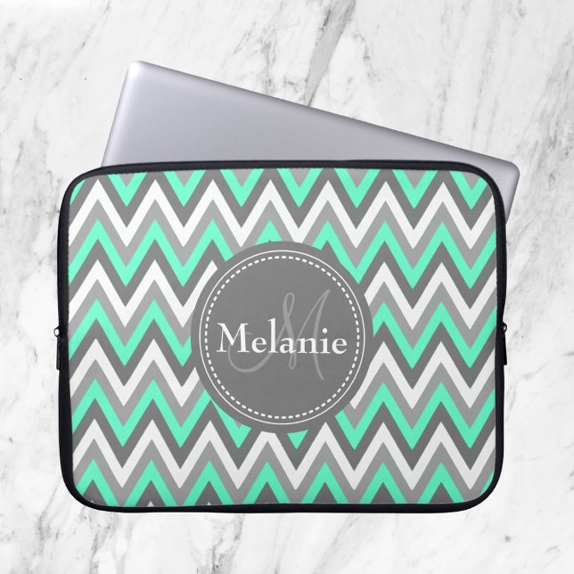 Monogrammed Blue & Grey Chevron Pattern Laptop Sleeve (Creator Uploaded)