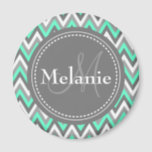 Monogrammed Blue & Grey Chevron Pattern Magnet<br><div class="desc">Cool cute chic trendy blue,  grey and white chevron zigzag tribal pattern with grey nameplate for your custom monogram initial letter and name. Great gift for girly girls that love geometric patterns and monogrammed gifts.</div>