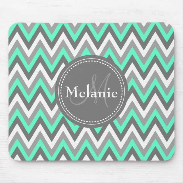 Monogrammed Blue & Grey Chevron Pattern Mouse Mat (Front)